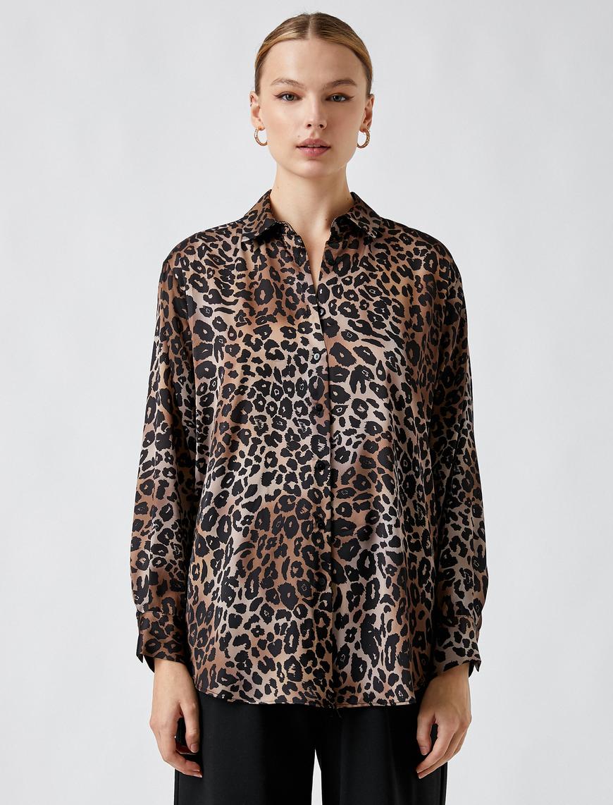   Leopar Desenli Klasik Yaka Oversize Gömlek