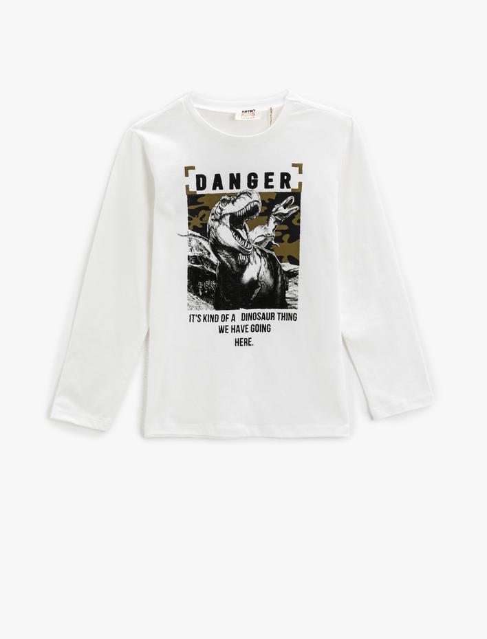 Erkek Çocuk Dinozor Baskılı Uzun Kollu Tişört Bisiklet Yaka Pamuklu