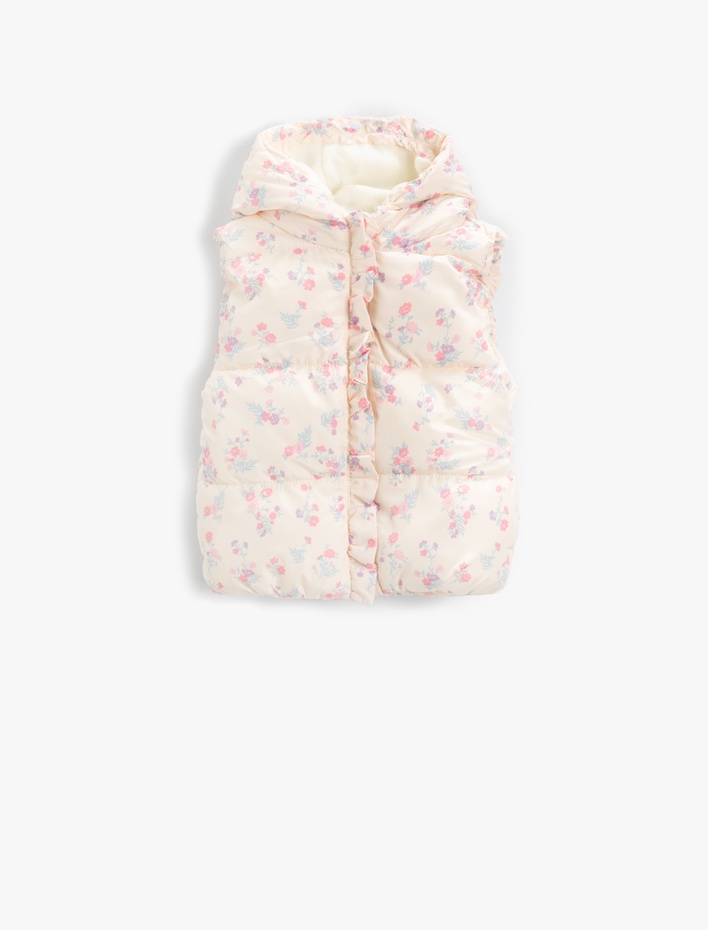 Kız Bebek Çiçek Desenli Kapüşonlu Şişme Yelek