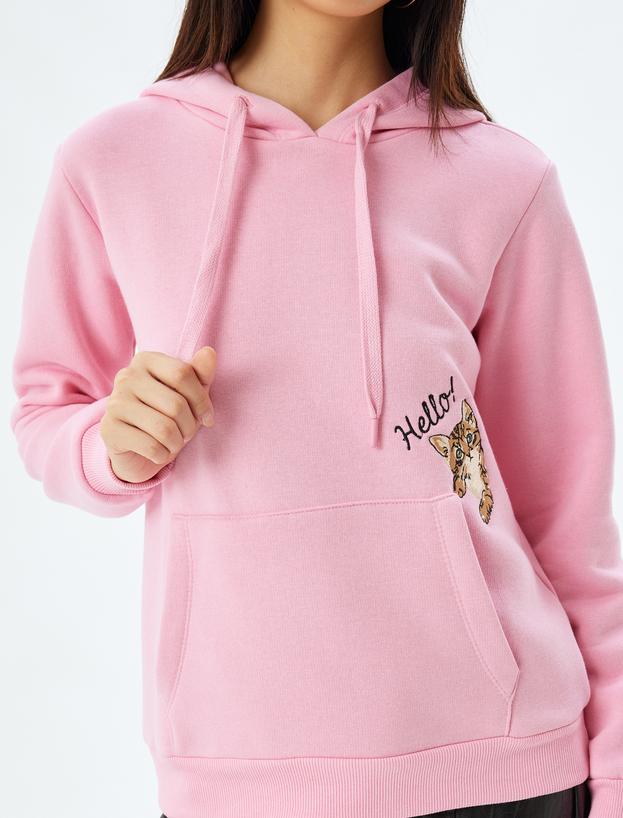 Kapüşonlu Oversize Sweatshirt Kedi İşlemeli Cep Detaylı Şardonlu_4