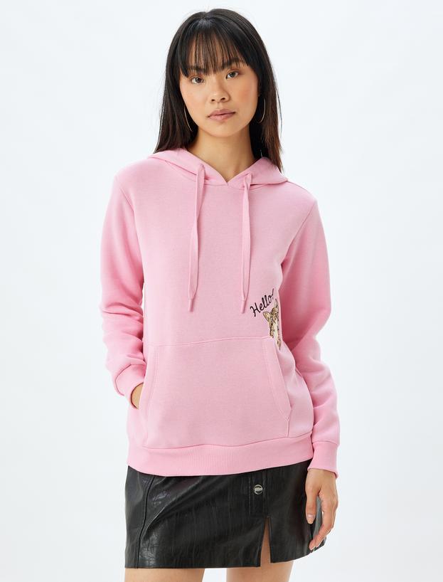 Kapüşonlu Oversize Sweatshirt Kedi İşlemeli Cep Detaylı Şardonlu_2