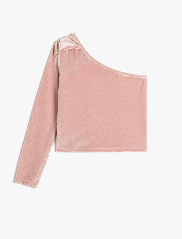 Kız Çocuk Fiyonk Detaylı Tek Omuz Uzun Kollu Kadife Bluz