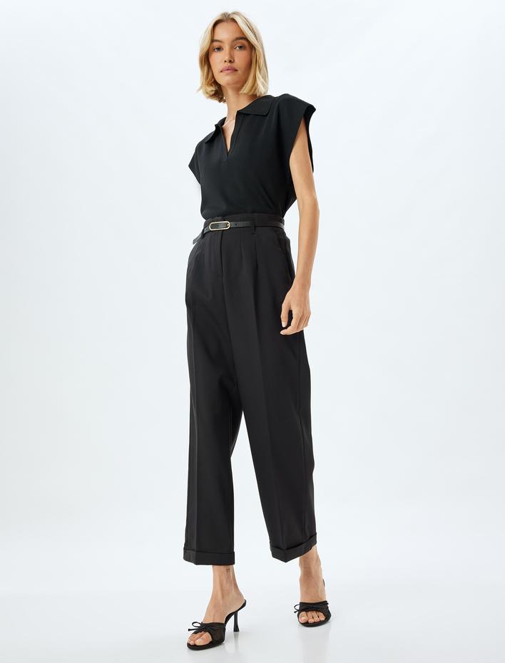  Geniş Paça Kemerli Cep Detaylı Kumaş Pantolon