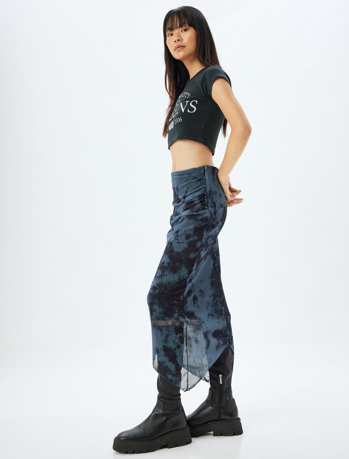  Midi Etek Tül Batik Görünümlü Drapeli Slim Fit