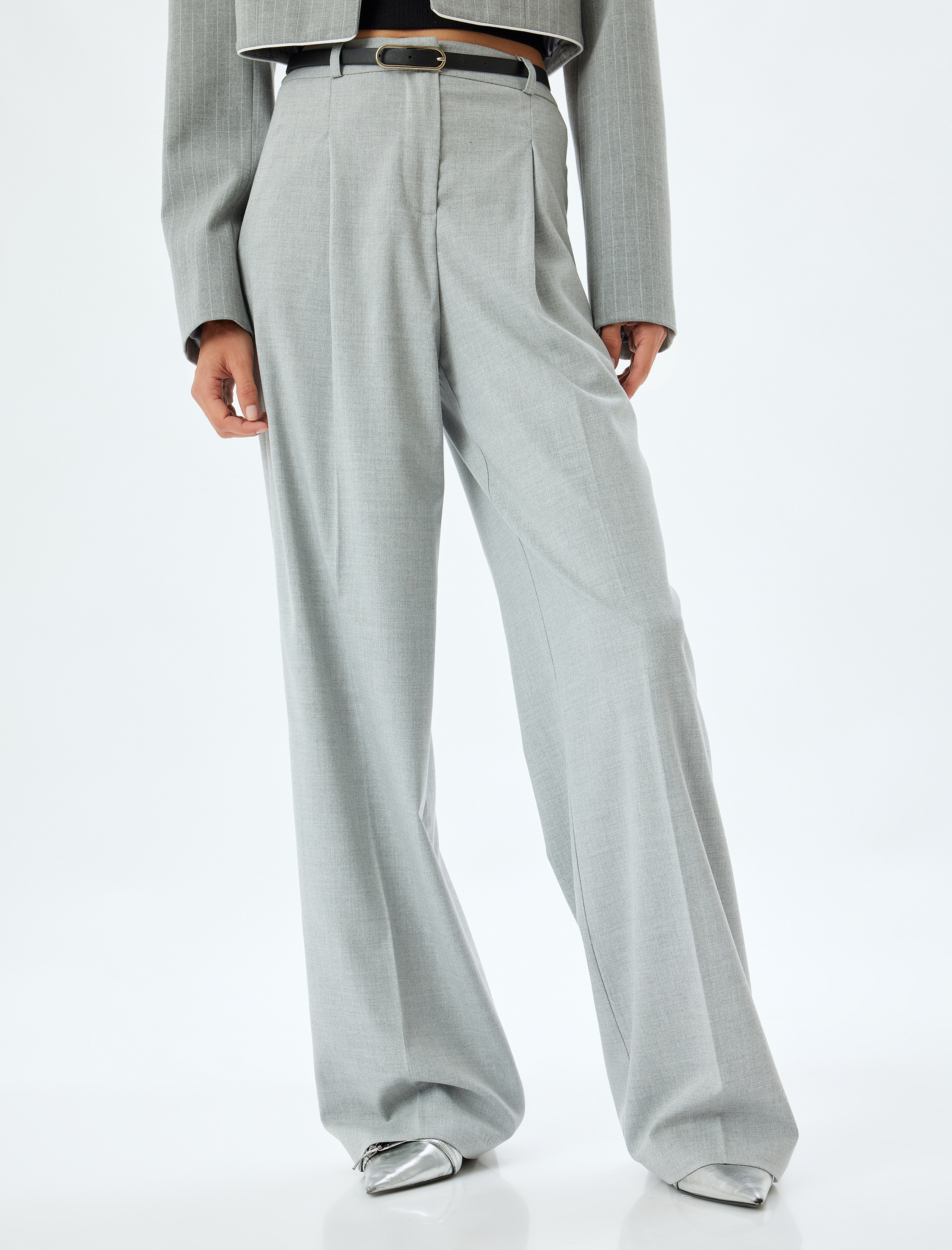   Yüksek Bel Cep Detaylı Viskon Karışımlı Kumaş Palazzo Pantolon