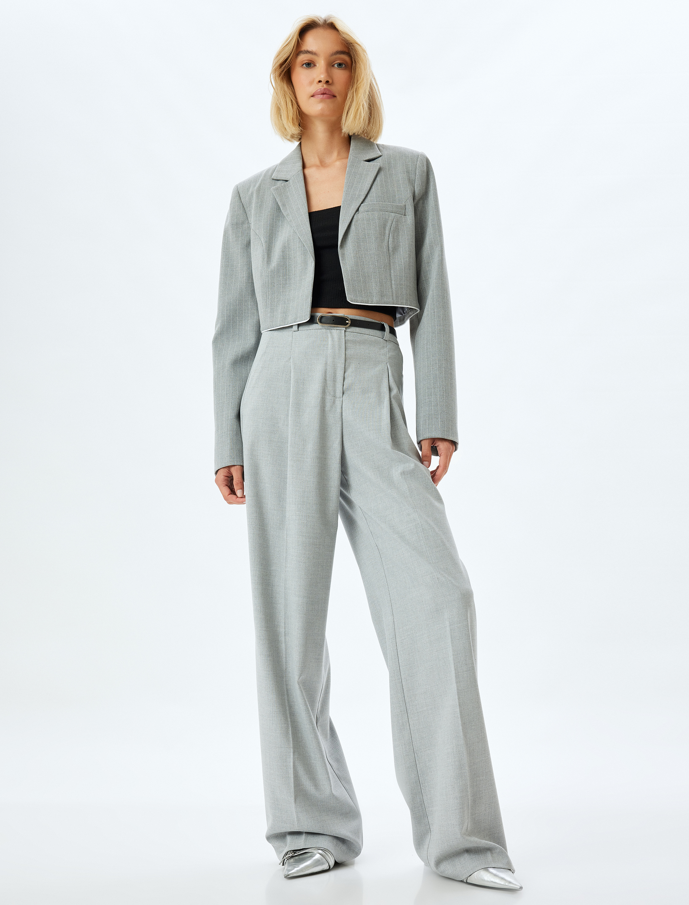   Yüksek Bel Cep Detaylı Viskon Karışımlı Kumaş Palazzo Pantolon