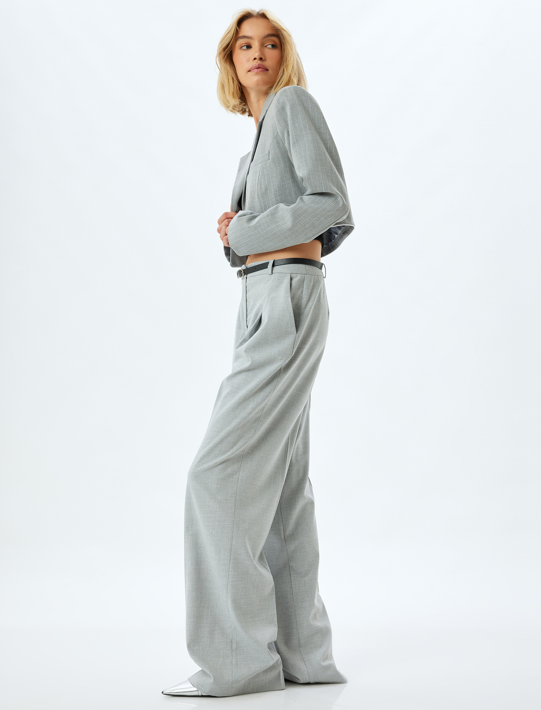   Yüksek Bel Cep Detaylı Viskon Karışımlı Kumaş Palazzo Pantolon