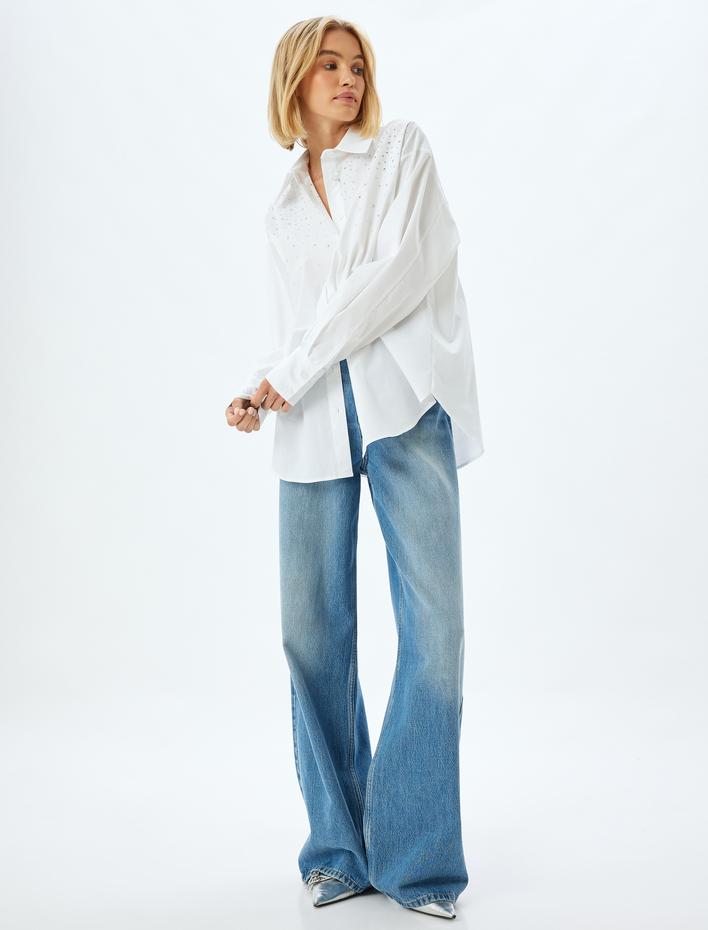  Poplin Kumaş Gömlek Uzun Kollu Taş Detaylı Pamuklu