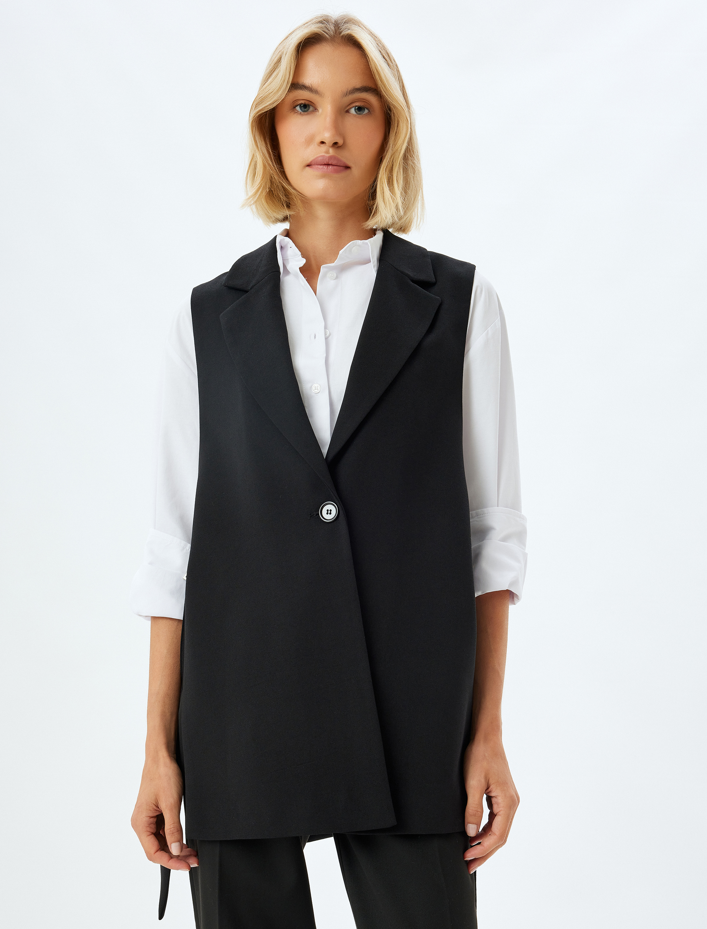   Tek Düğmeli Kuşaklı Blazer Yelek