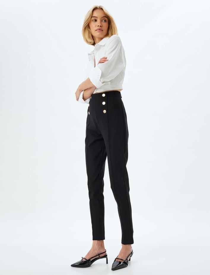  Tayt Pantolon Yüksek Bel Nervürlü Önden Gold Düğme Detaylı