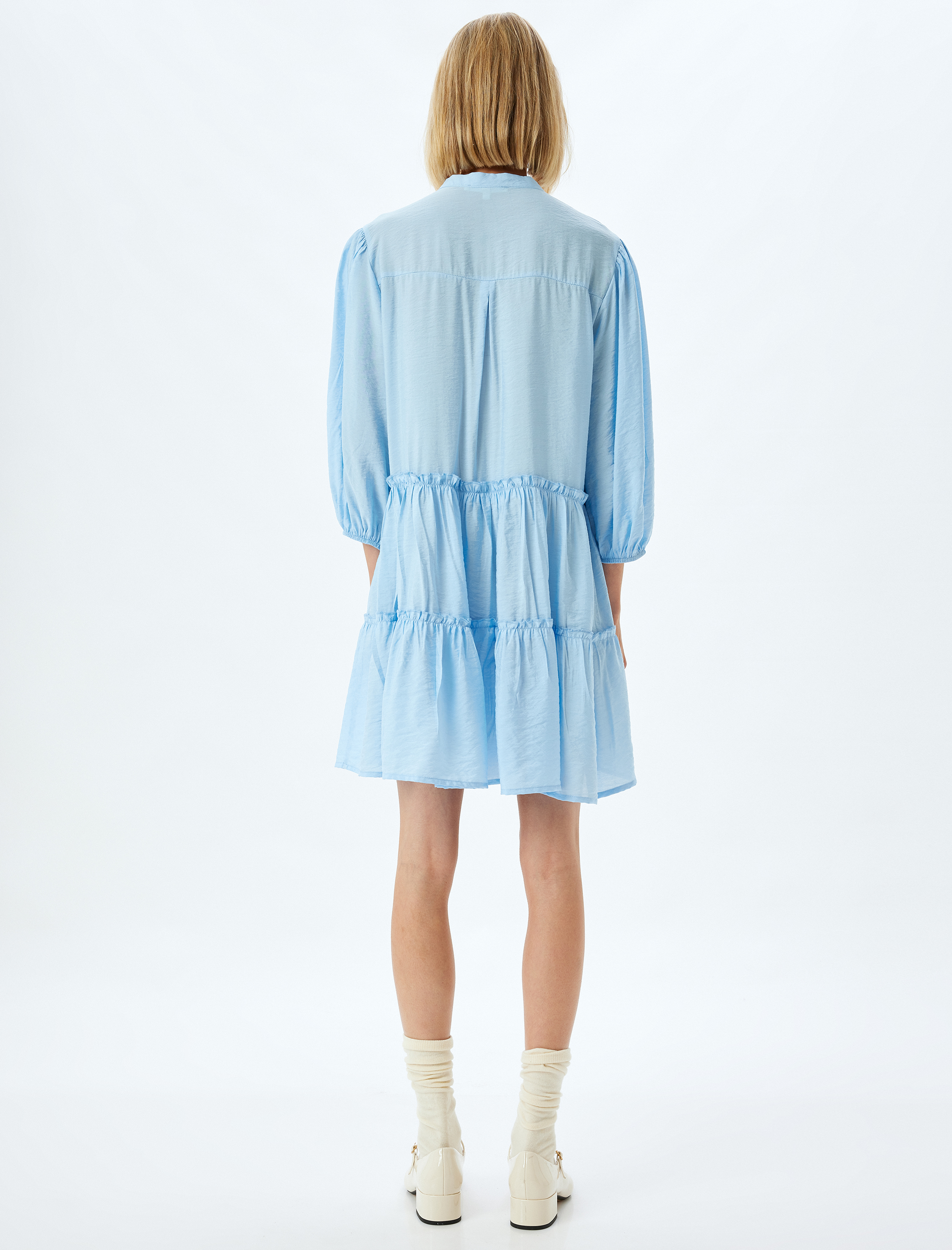 Mini Balon Kol Elbise Volanlı V Yaka Viskon