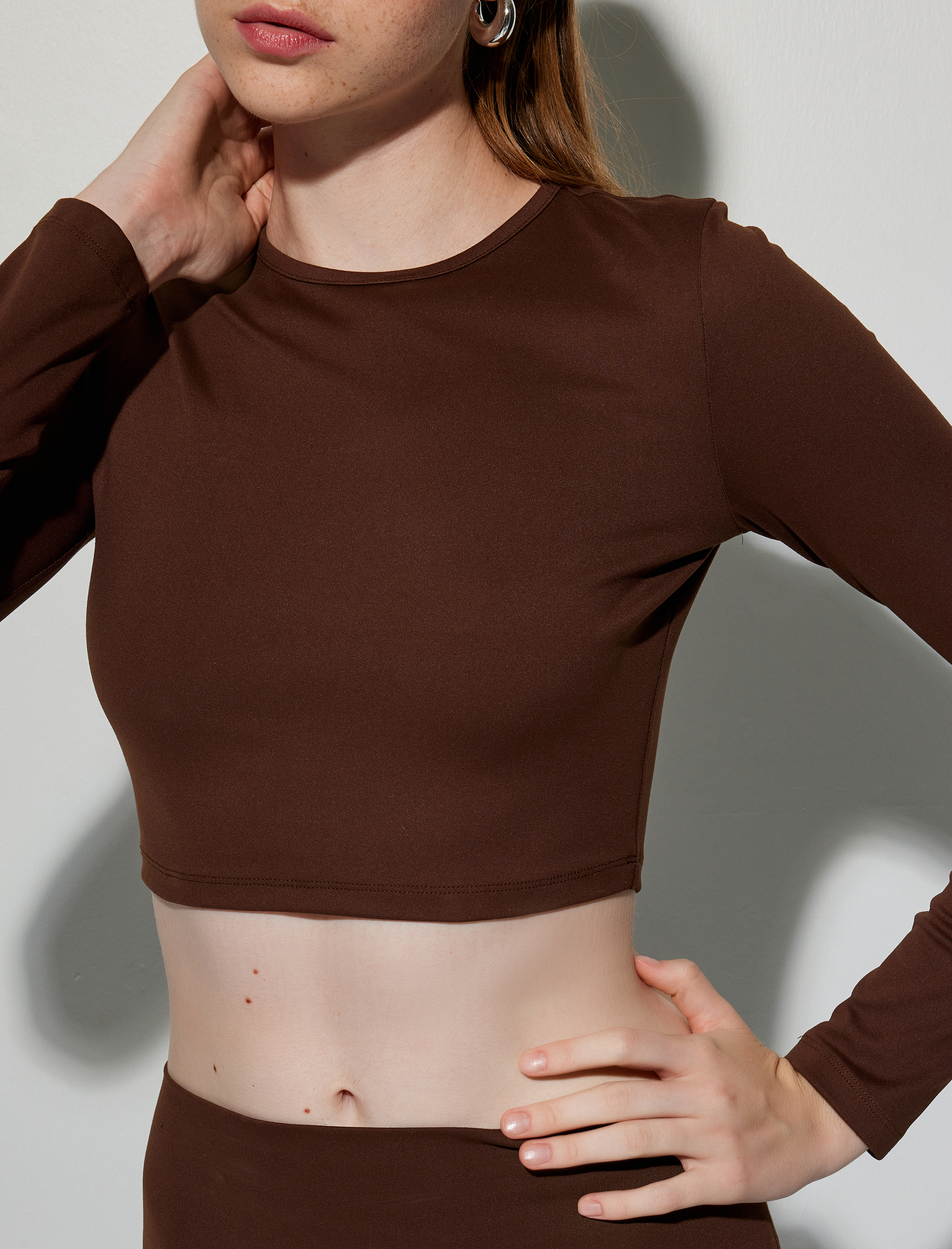   Crop Uzun Kollu Bisiklet Yaka Slim Fit Spor Tişört