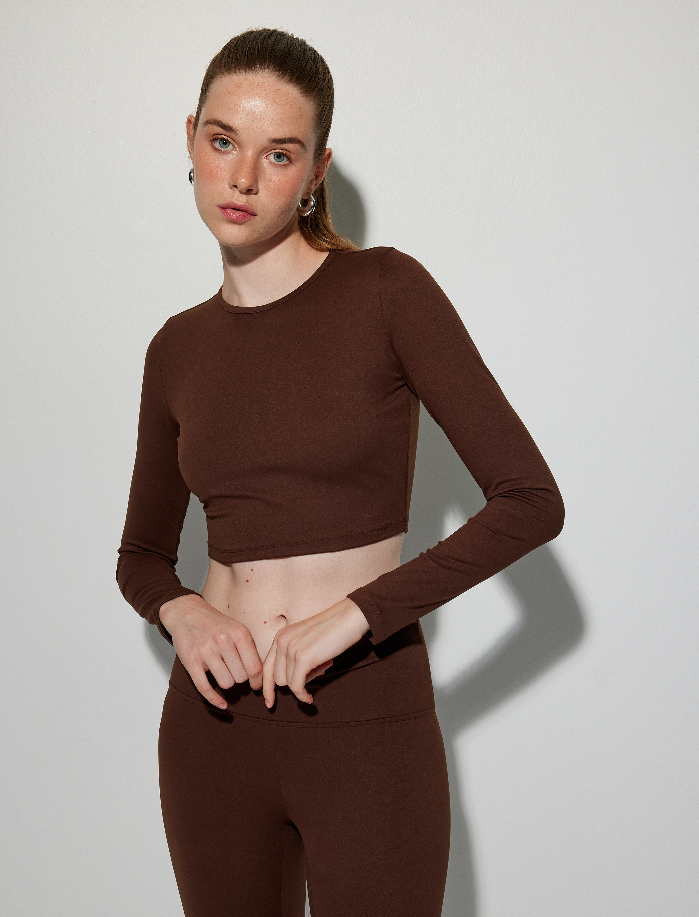   Crop Uzun Kollu Bisiklet Yaka Slim Fit Spor Tişört