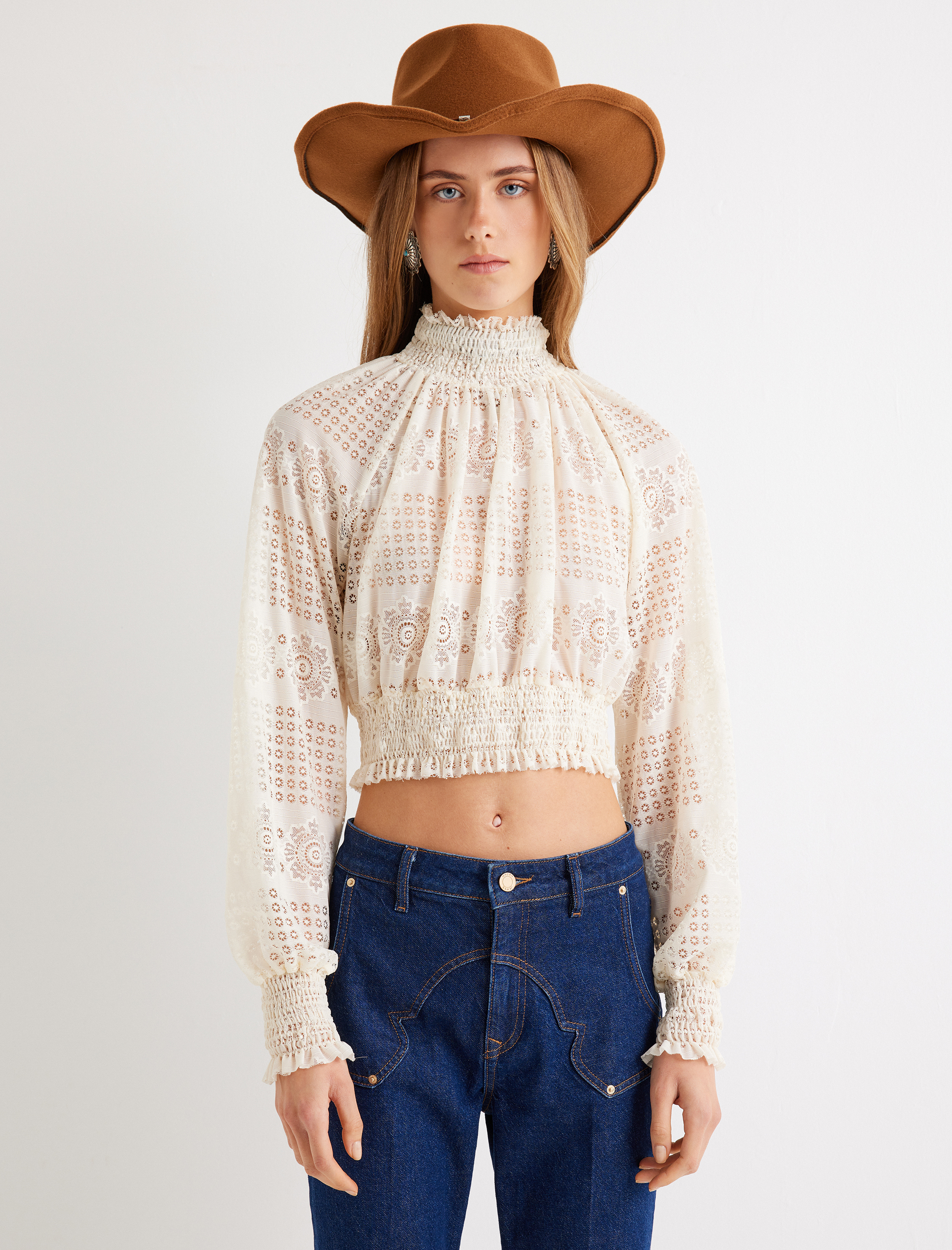   Dik Yaka Yarı Transparan Gipe Detaylı Dantel Crop Bluz