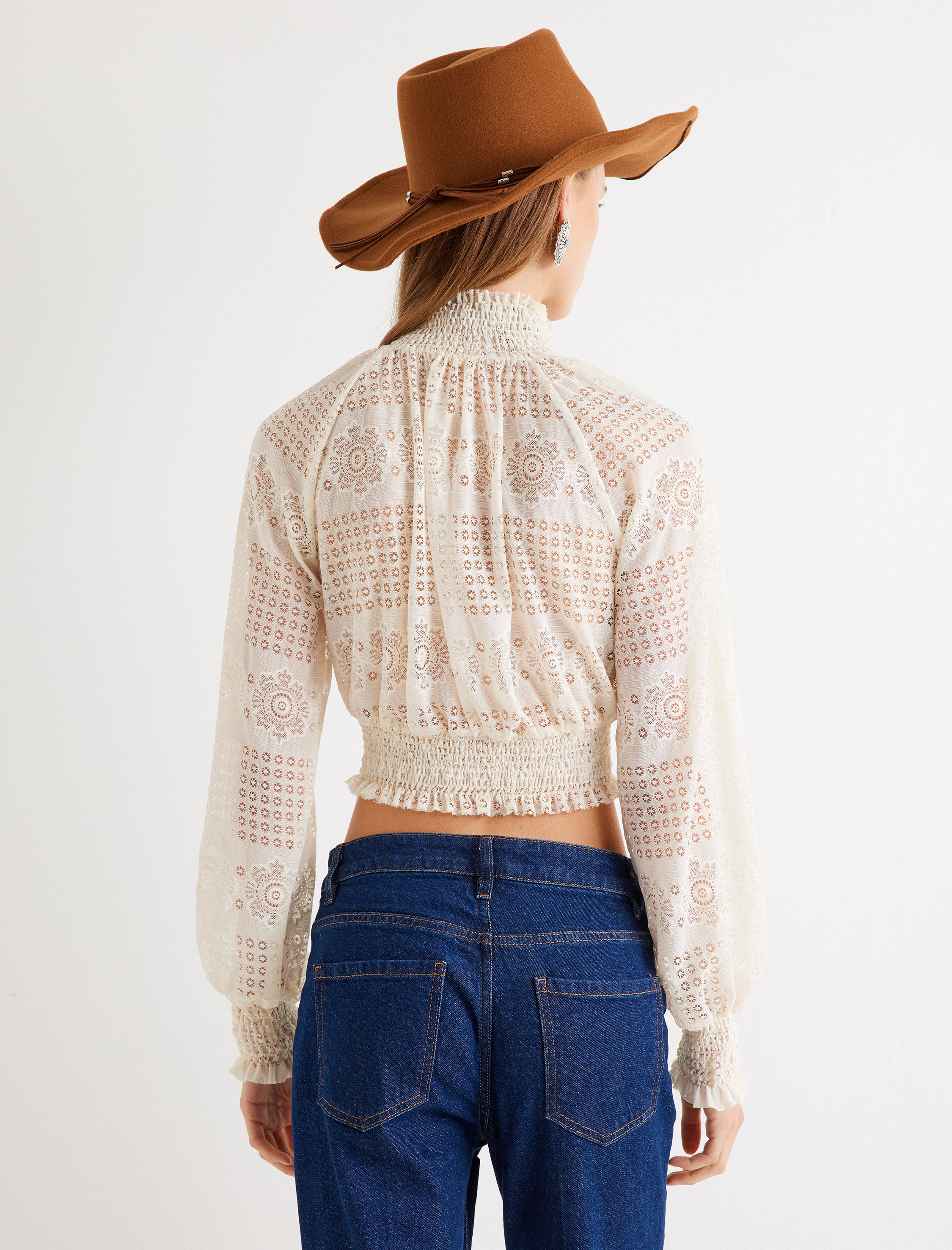   Dik Yaka Yarı Transparan Gipe Detaylı Dantel Crop Bluz