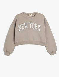 Crop Sweatshirt Oversize Slogan Baskılı Bisiklet Yaka Şardonlu Pamuk Karışımlı