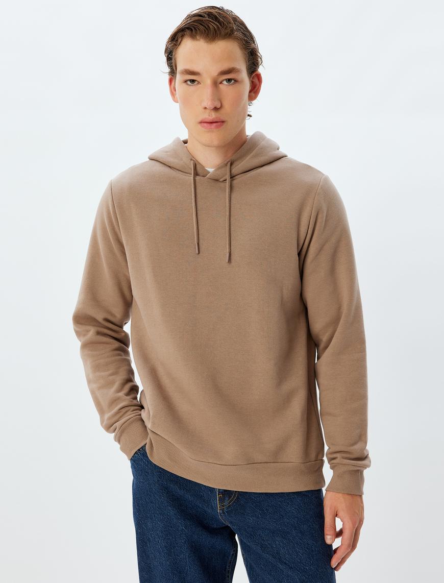   Kapşonlu Sweatshirt Basic Şardonlu Pamuk Karışımlı