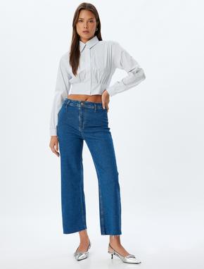 Kısa Paça Kot Pantolon Normal Bel Düğmeli Cepli - Culotte Jeans_1