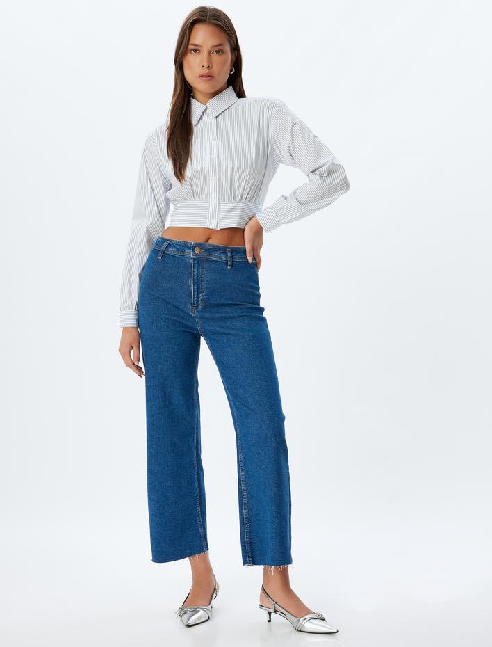  Kısa Paça Kot Pantolon Normal Bel Düğmeli Cepli - Culotte Jeans