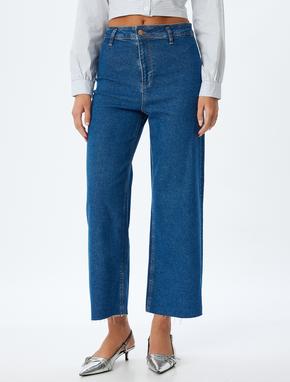 Kısa Paça Kot Pantolon Normal Bel Düğmeli Cepli - Culotte Jeans_2