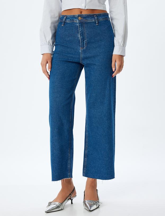 Kısa Paça Kot Pantolon Normal Bel Düğmeli Cepli - Culotte Jeans_2