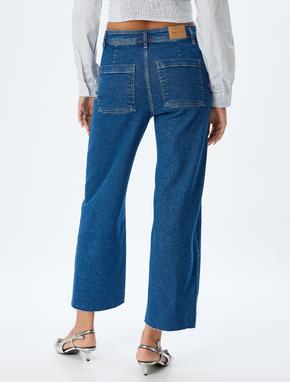 Kısa Paça Kot Pantolon Normal Bel Düğmeli Cepli - Culotte Jeans_3