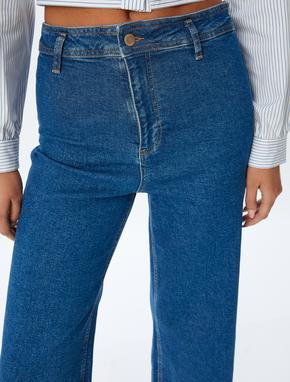 Kısa Paça Kot Pantolon Normal Bel Düğmeli Cepli - Culotte Jeans_4