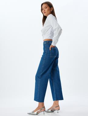 Kısa Paça Kot Pantolon Normal Bel Düğmeli Cepli - Culotte Jeans