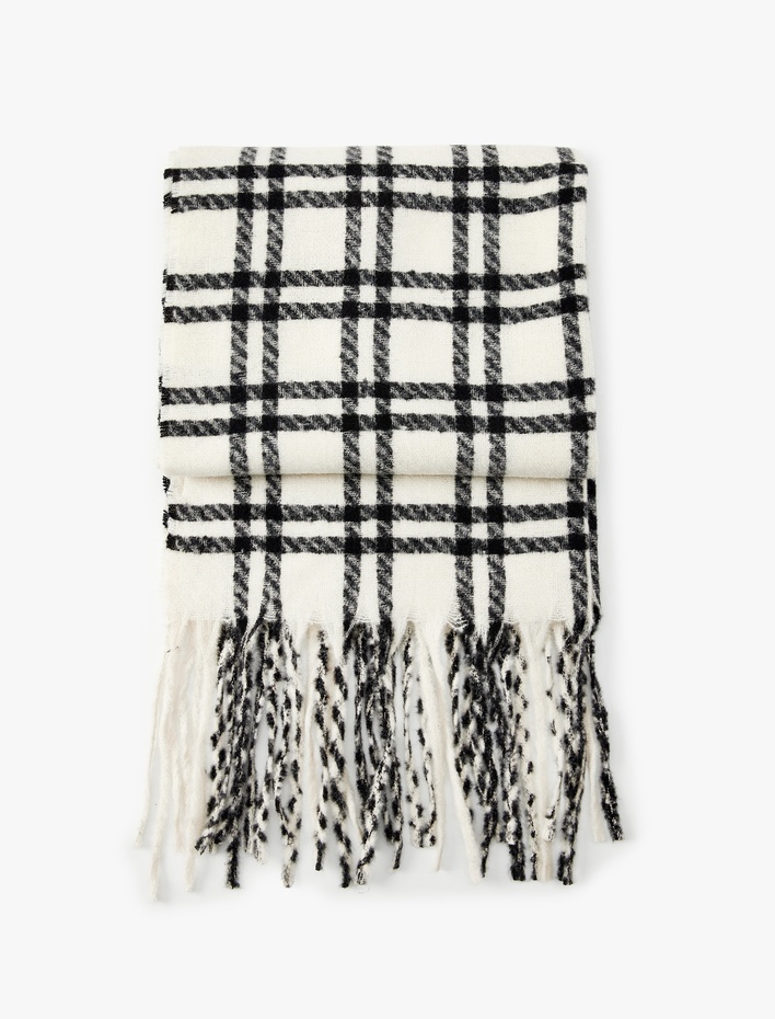 Kadın Uzun Atkı Ekoseli Çok Renkli Püsküllü