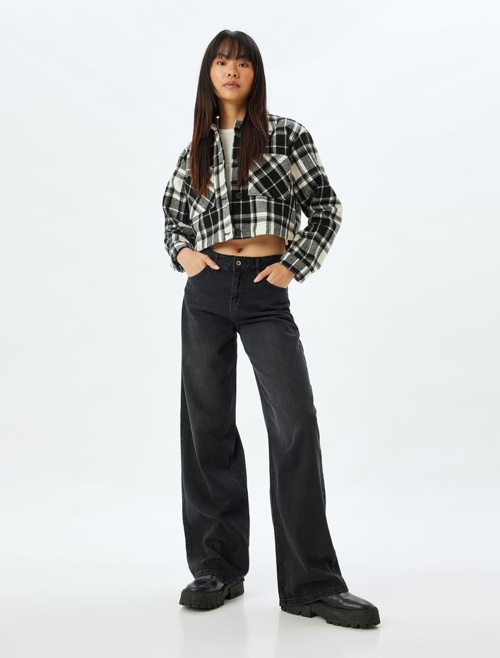  Ekoseli Crop Kaşe Gömlek Ceket Kapüşonlu