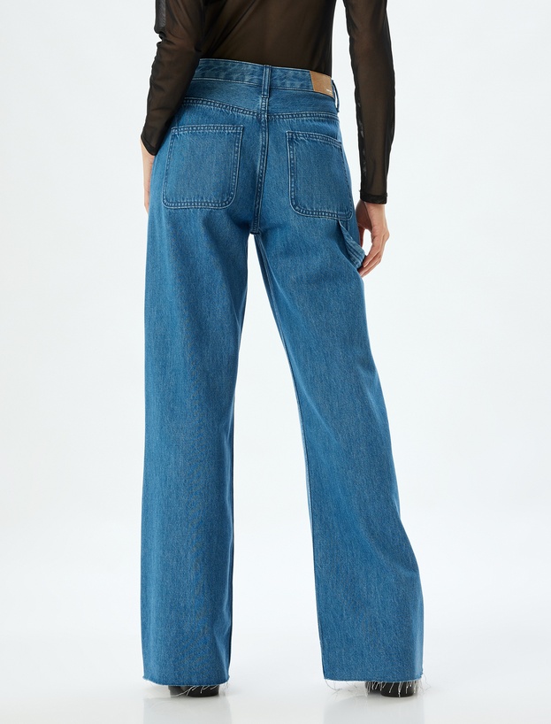Geniş Paça Kot Pantolon Cep Detaylı Normal Bel Kesik Paça Pamuklu - Wide Leg Jeans_3