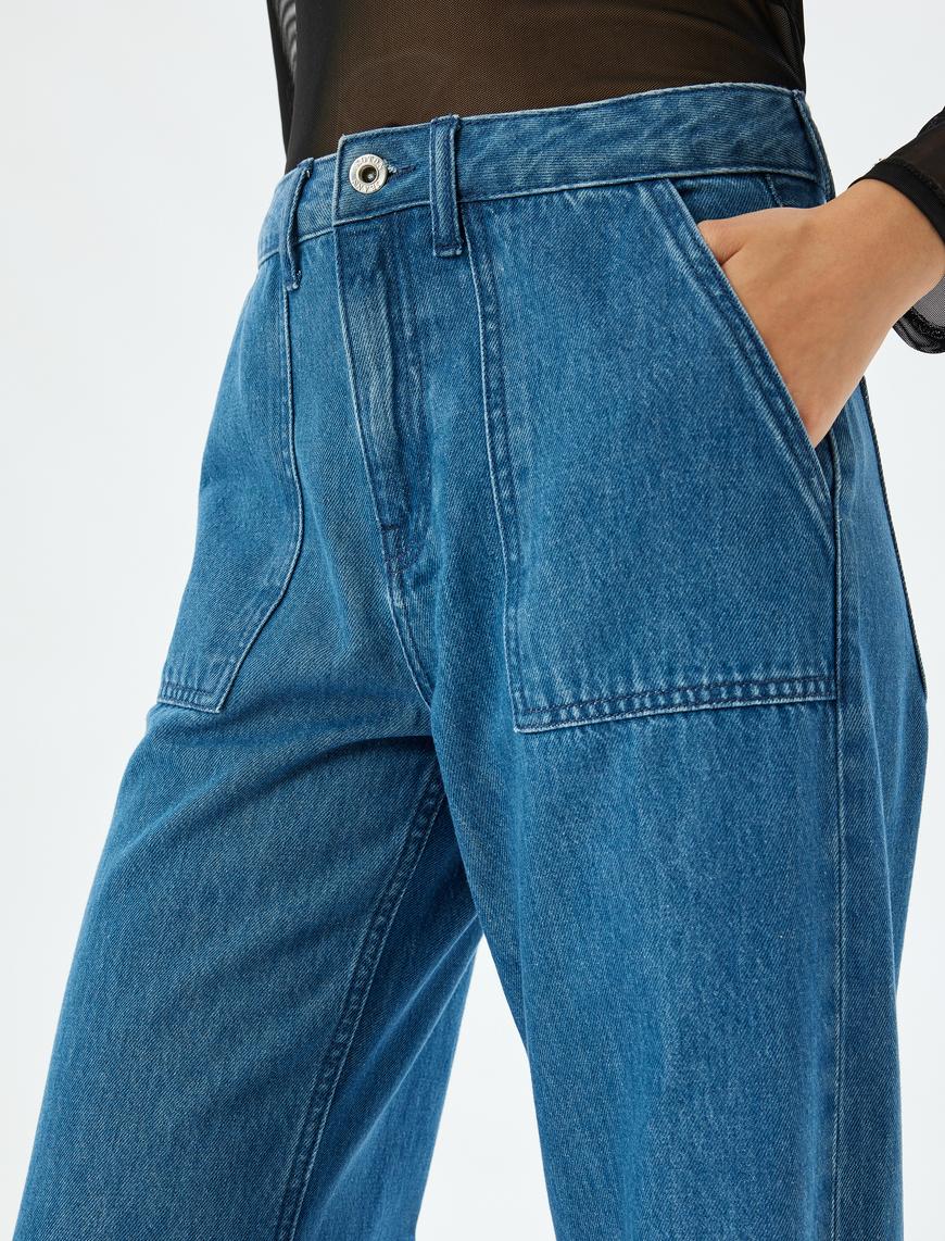   Geniş Paça Kot Pantolon Cep Detaylı Normal Bel Kesik Paça Pamuklu - Wide Leg Jeans