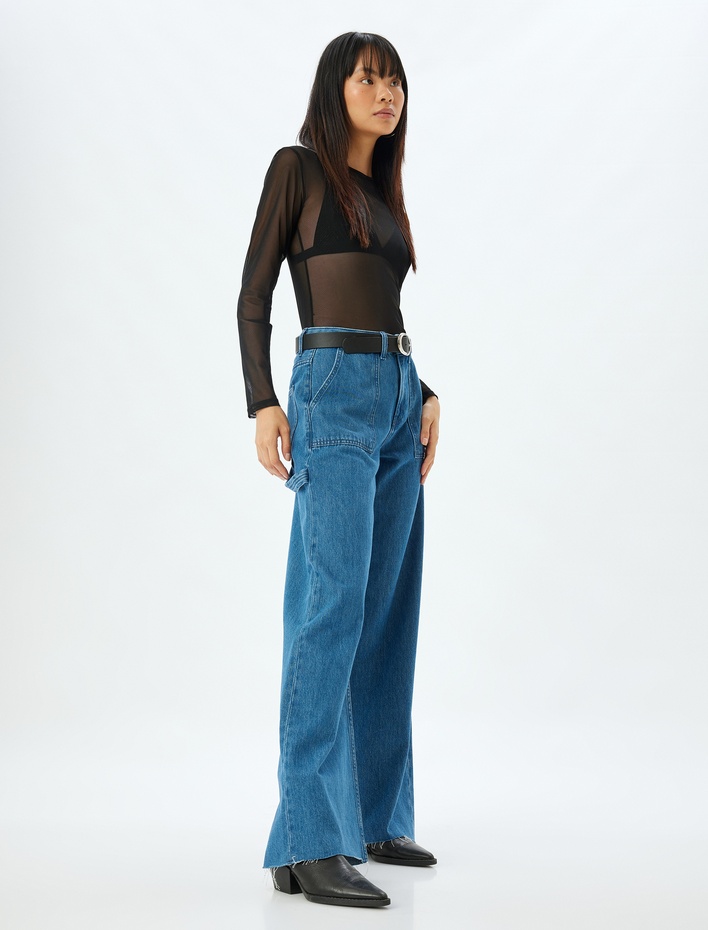  Geniş Paça Kot Pantolon Cep Detaylı Normal Bel Kesik Paça Pamuklu - Wide Leg Jeans