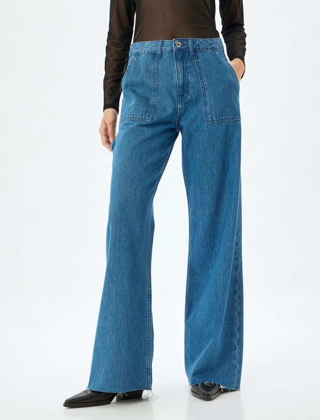 Geniş Paça Kot Pantolon Cep Detaylı Normal Bel Kesik Paça Pamuklu - Wide Leg Jeans_2
