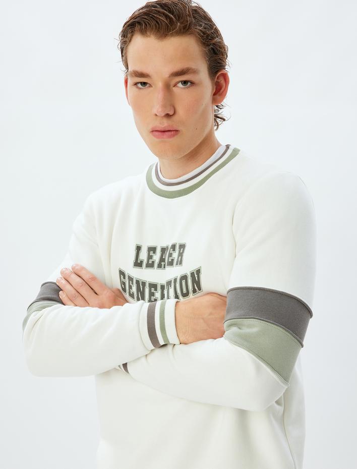  Slogan Baskılı Sweatshirt Bisiklet Yaka Renk Bloklu Boxy Şardonlu Pamuk Karışımlı