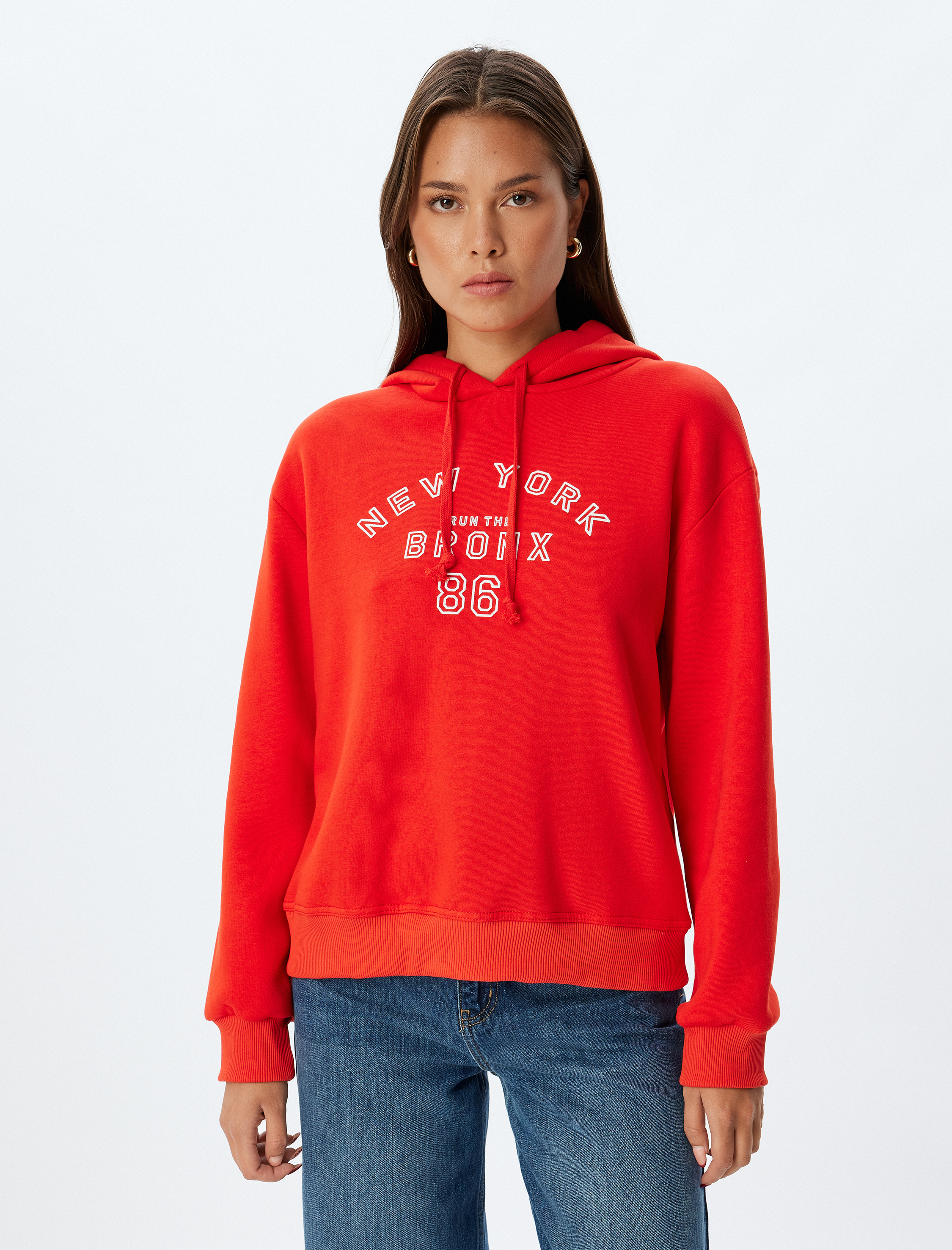   Baskılı Uzun Kollu Üç İplik Şardonlu Kapşonlu Sweatshirt