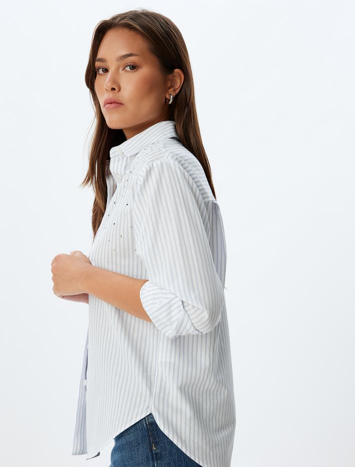  Taşlı Poplin Gömlek Klasik Yaka Uzun Kollu Regular Fit