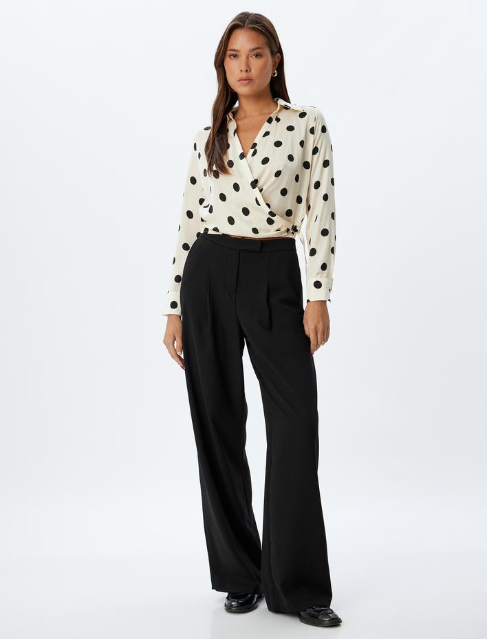  Puantiyeli Crop Saten Bluz Kruvaze V Yaka Uzun Kollu