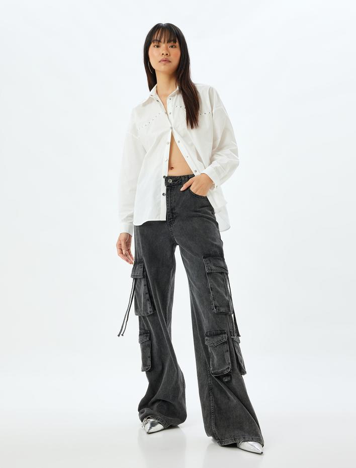  Poplin Gömlek Uzun Kollu Metal Aksesuar Detaylı Klasik Yaka Pamuklu