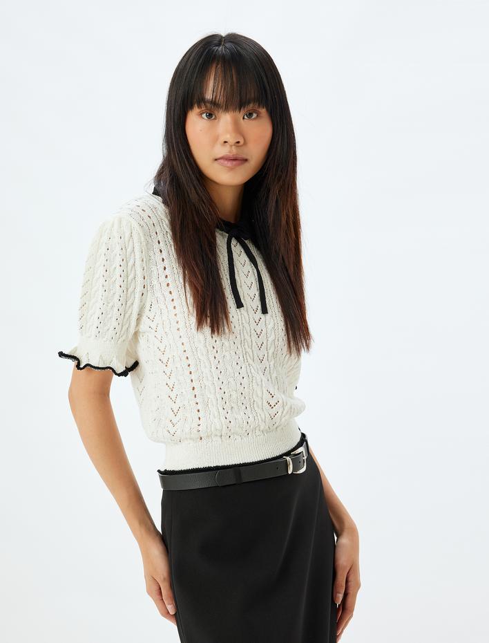  Triko Ajurlu Kazak Bebe Yaka Fiyonklu Kısa Kollu Fırfır Detaylı