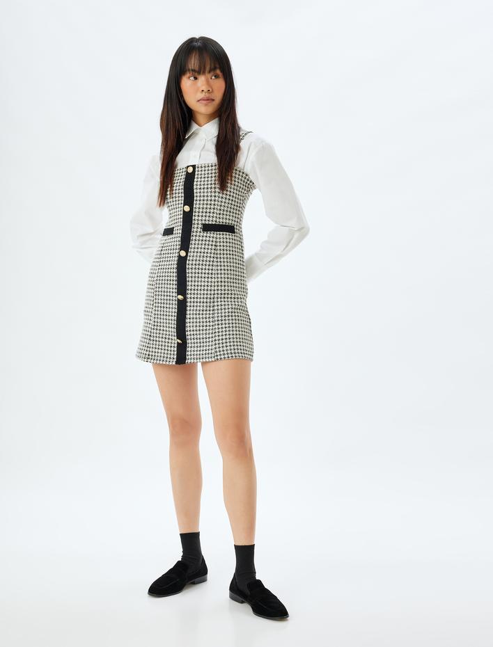  Mini Elbise Kolsuz Kazayağı Detaylı Düğmeli Cepli