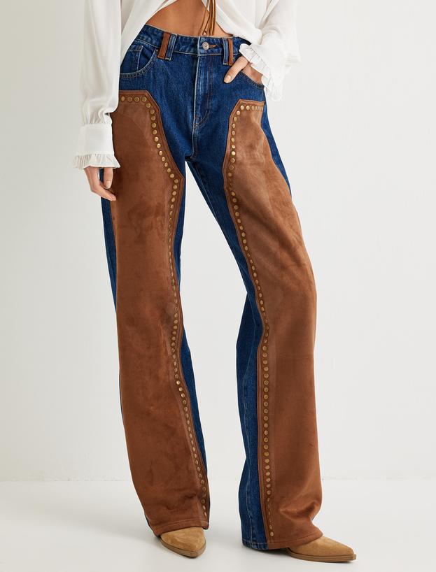 Kot Pantolon Düz Paça Süet Görünümlü Normal Bel Düğmeli - Straight Fit Jeans_2