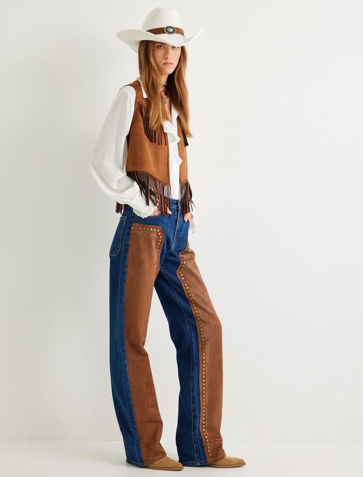  Kot Pantolon Düz Paça Süet Görünümlü Normal Bel Düğmeli - Straight Fit Jeans