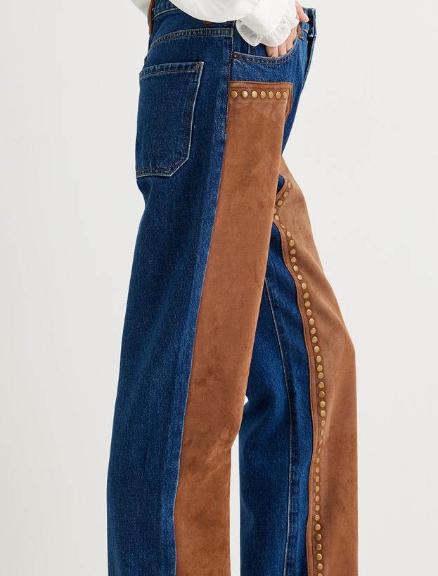 Kot Pantolon Düz Paça Süet Görünümlü Normal Bel Düğmeli - Straight Fit Jeans_4