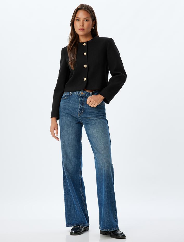  Ceket Yuvarlak Yaka Düğmeli Uzun Kollu