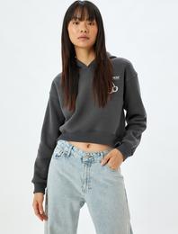 Crop Oversize Sweatshirt Kapüşonlu Arkası Baskılı Şardonlu