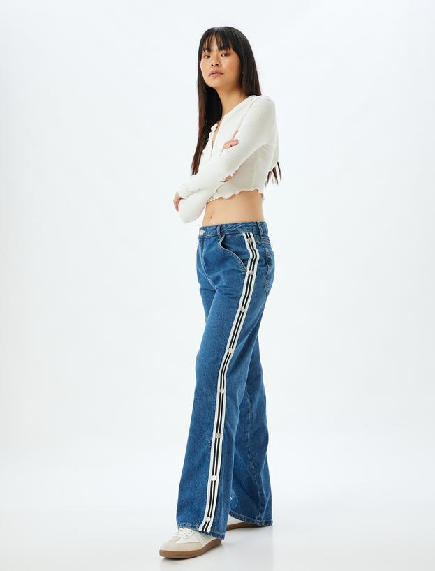 Düz Paça Kot Pantolon Şerit Detaylı Düğmeli Normal Bel Pamuklu - Longer Straight Jeans_0