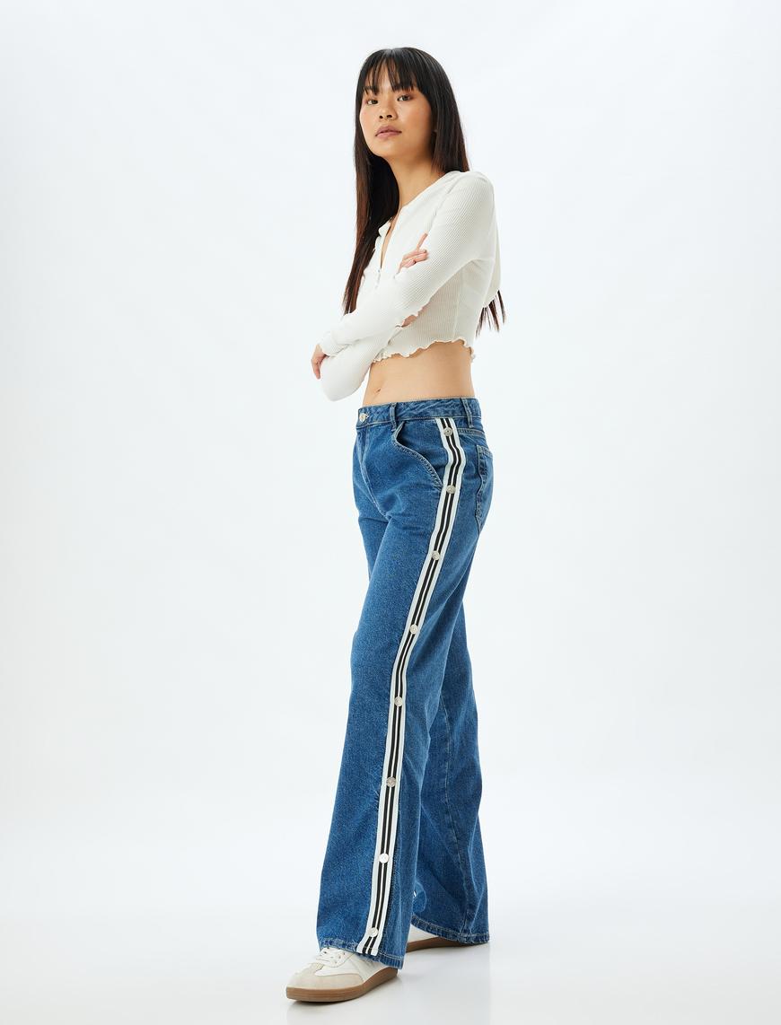   Düz Paça Kot Pantolon Şerit Detaylı Düğmeli Normal Bel Pamuklu - Longer Straight Jeans