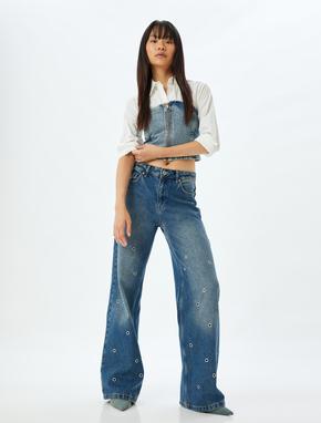 Geniş Paça Kot Pantolon Kuşgözü Detaylı Normal Bel Pamuklu - Wide Leg Jeans_1