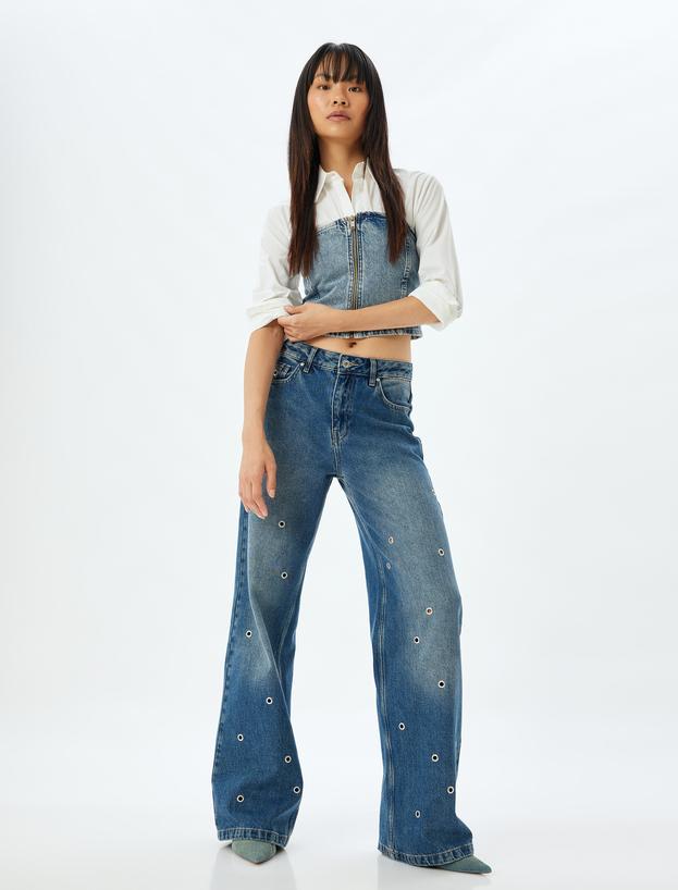 Geniş Paça Kot Pantolon Kuşgözü Detaylı Normal Bel Pamuklu - Wide Leg Jeans_1